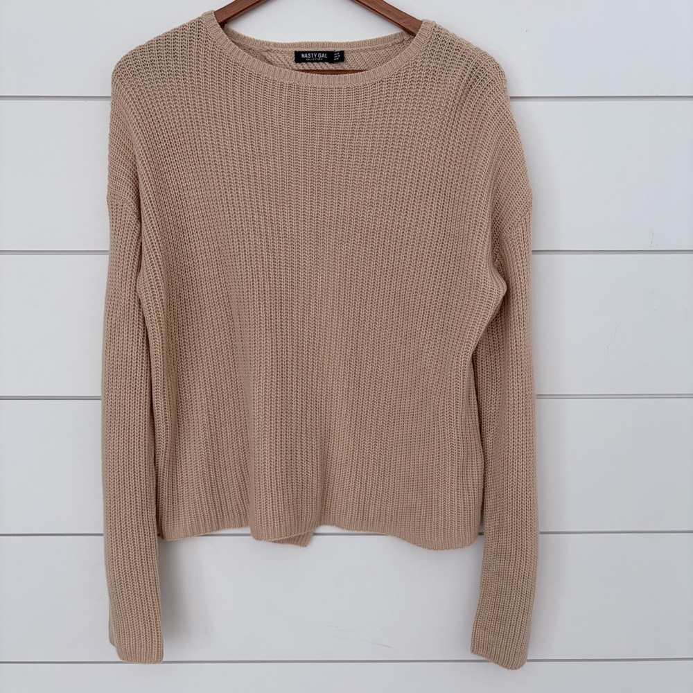 🌟 2 for $10 Nasty Gal Beige Chunky Knit Split Back Sweater Minimalist Cozy Med